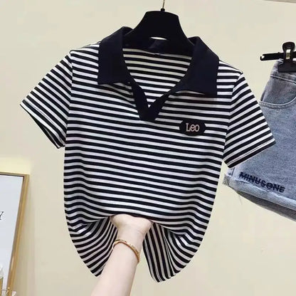 T-shirt Woman Button Tops Short Sleeve Tee Clothing Plain Polo Neck Shirts for Women Trend Luxury Polyester High Quality Sale V