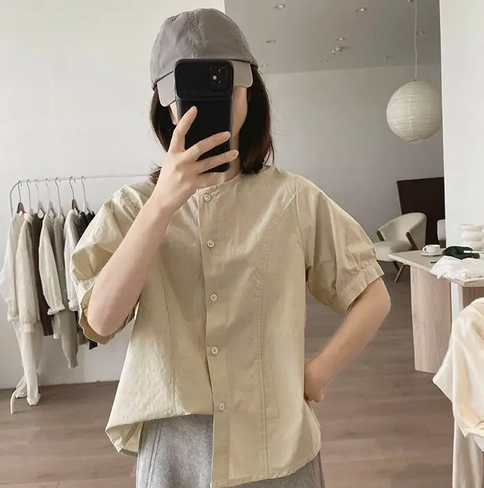 Women Round Neck Blouse Short Sleeve Button Down Loose Casual Solid Color Summer Shirt
