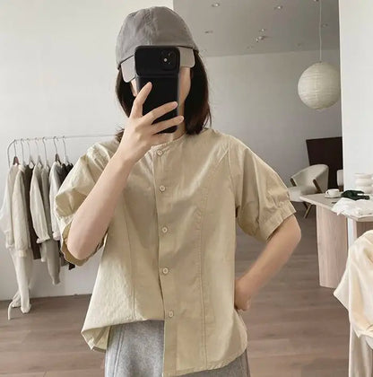 Women Round Neck Blouse Short Sleeve Button Down Loose Casual Solid Color Summer Shirt