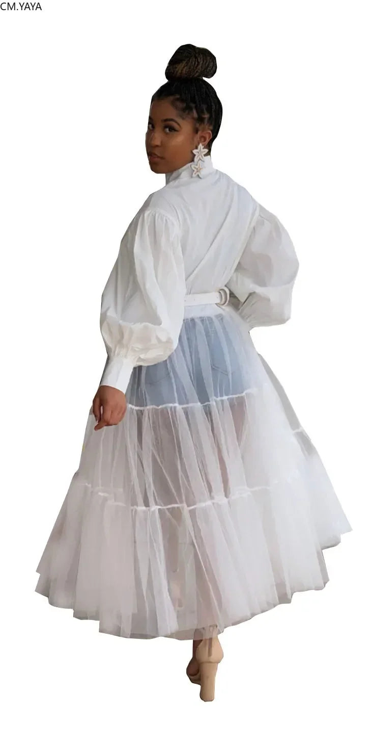 CM.YAYA Women Summer Long Sleeve Maxi Blouses Mesh Patchwork Long Dress Vintage Sexy Club Maxi Dresses