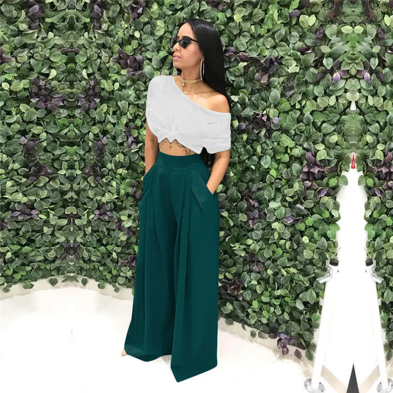 Women Casual Loose Palazzo Pants Autumn High Waisted Wide Leg Trousers Pleated Long Culottes Pants Elastic Waist Trouser Pockets