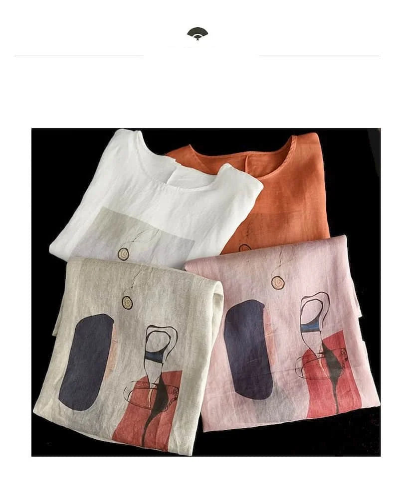 Cotton Linen T Shirts Women Fashion Vintage Art Printed T-shirt Casual Loose O-neck Short Sleeve Tops Summer Trend Thin Tshirt