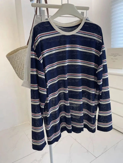 Women Clothes Spring Autumn Fashion Simplicity All-match Striped Color Blocking O-neck Ladies Appear Thin Lazy Wind Long Sleeve