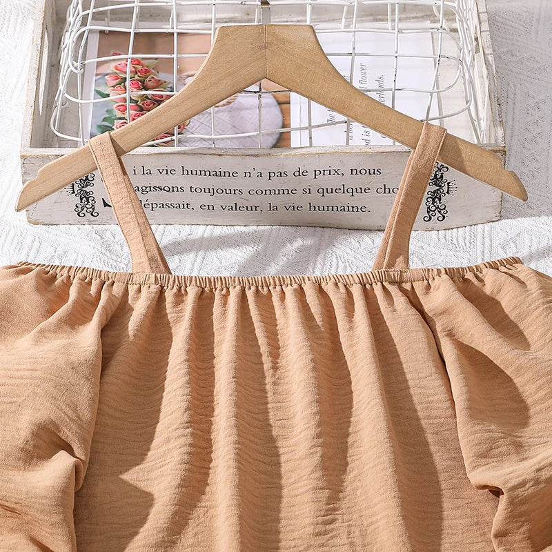 Kids Clothing Sets For Girls Khaki Off-shoulder Long sleeve Top &amp; Stripe Printing Pants Summer Resort Style Children Suits OOTD