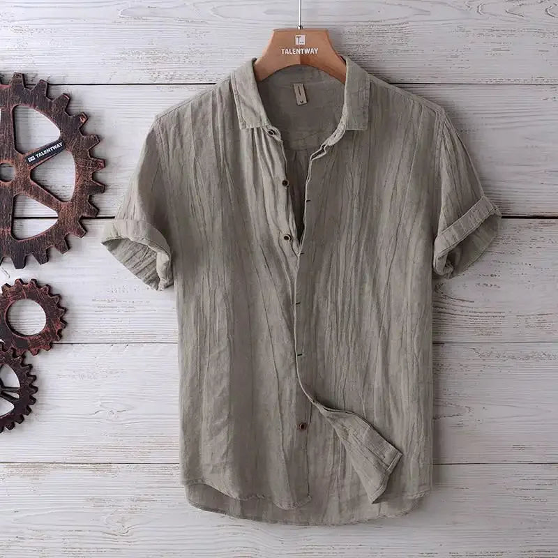 Linen Short Sleeved Shirt for Men, Trendy Japanese Retro Solid Color Summer Thin Casual Loose Cool Shirt Top