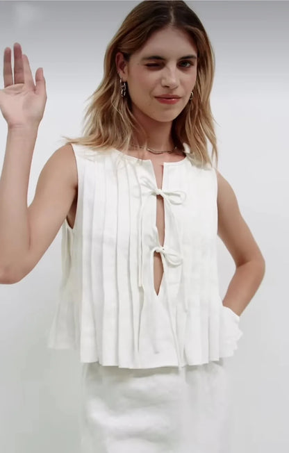 Fashion Bow Lace Up Shirts Women Cotton Linen Hollow Out Sleeveless Pleated Blouses Woman 2025 Summer New Casual Lady White Tops