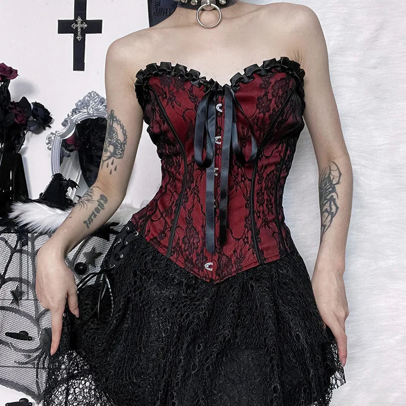 Tube Top Gothic Printed Lace Trim Sleeveless Metal Buttons Lace-up Corsets Tank Top Court Elegant Fairy Grunge Top