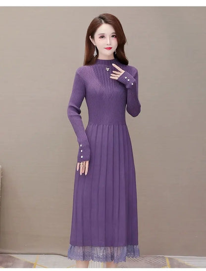 Elegant Fashion Women Dresses With Lace Trim And Knit Design For Autumn Winter