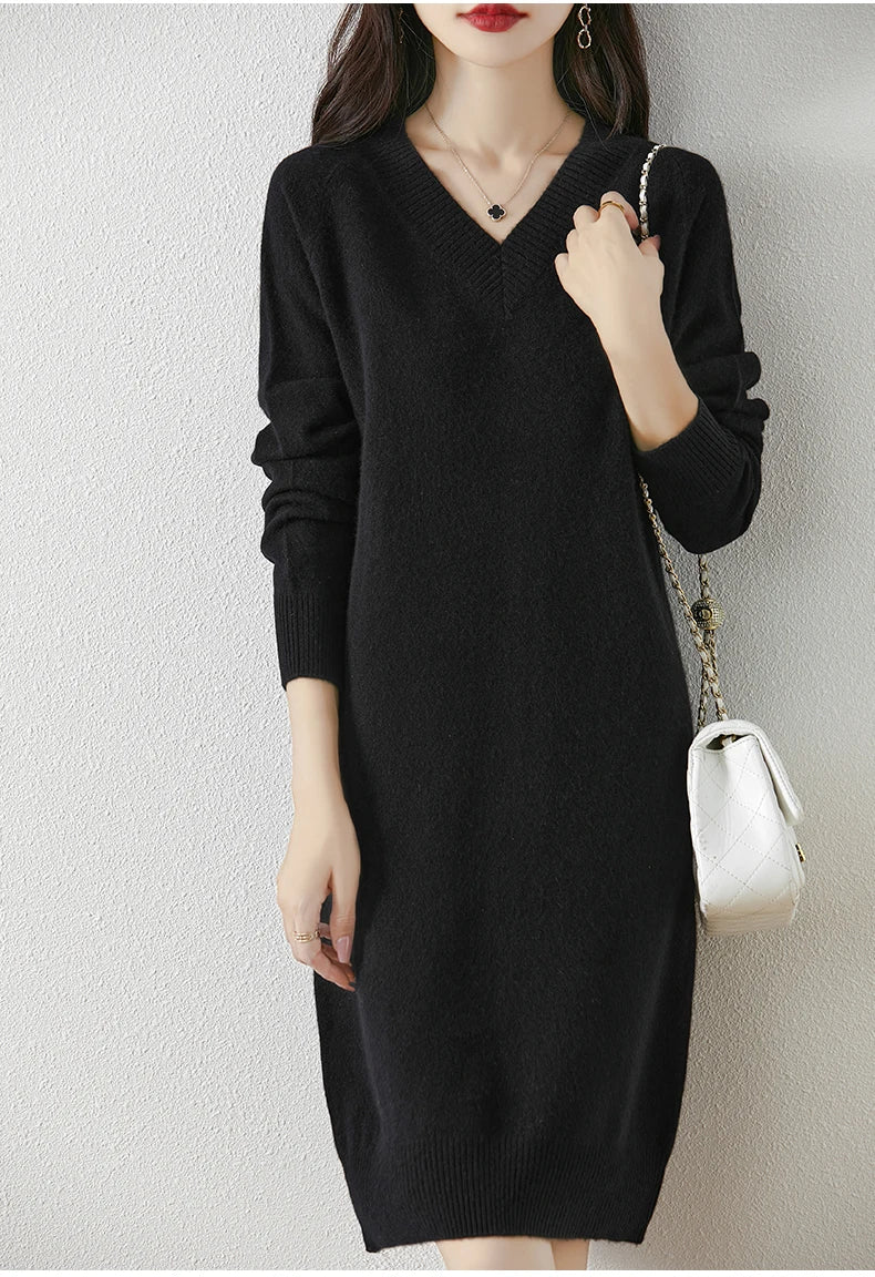 Fashion Autumn Winter Dress Women100%Merino Wool V-neck Long-sleeved Dress Women&