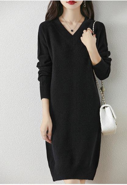 Fashion Autumn Winter Dress Women100%Merino Wool V-neck Long-sleeved Dress Women&
