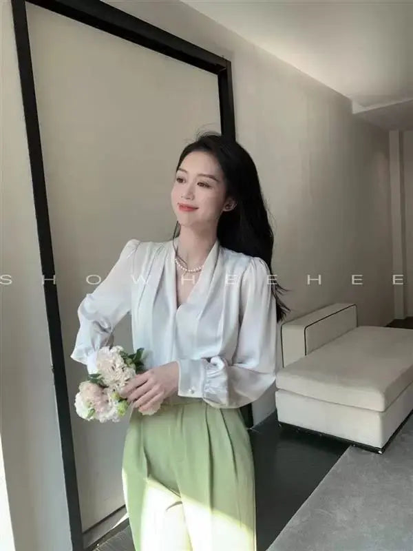 Women Clothing Fashion Loose V-Neck Chiffon Top Spring Autumn Elegant Long Sleeve Blouse Office Lady Simplicity Cozy Solid Shirt