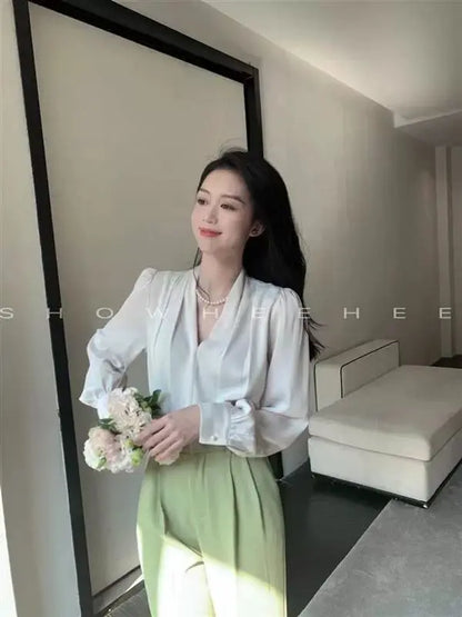 Women Clothing Fashion Loose V-Neck Chiffon Top Spring Autumn Elegant Long Sleeve Blouse Office Lady Simplicity Cozy Solid Shirt