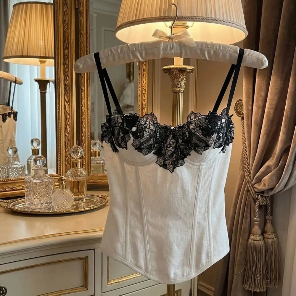 Fashion Sleeveless Lace Corset Tops Backless Style Splicing Design Slim Vest Tee Sexy Spaghetti Strap Camisole Tops Women