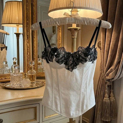 Fashion Sleeveless Lace Corset Tops Backless Style Splicing Design Slim Vest Tee Sexy Spaghetti Strap Camisole Tops Women