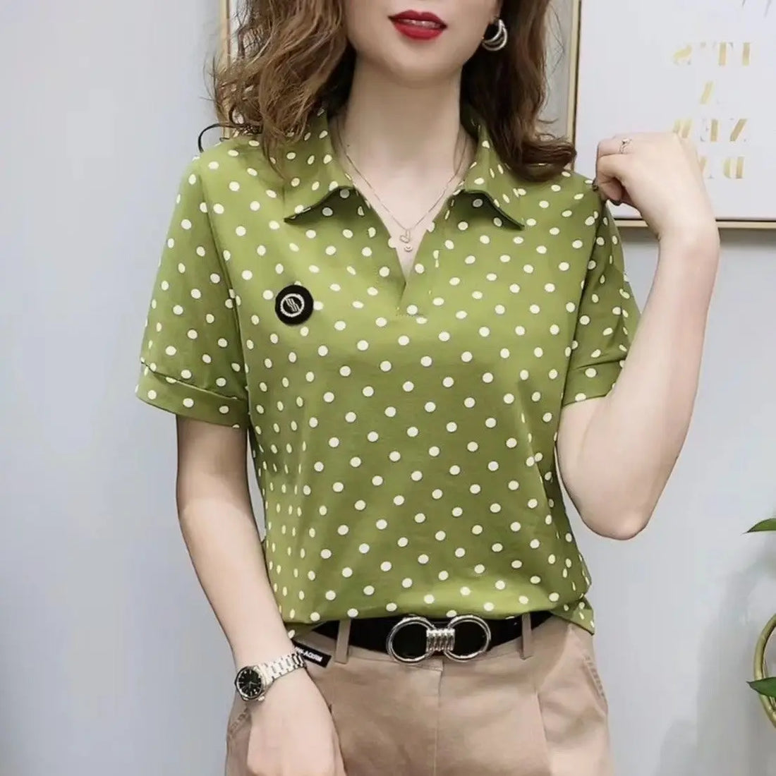 Polo Neck Shirts for Women Short Sleeve Tee T-shirt Woman Flower Clothing Aesthetic with Collar Tops Youth Luxury Sale V Cute