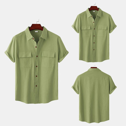 Turn Down Collar Men Shirts Solid Short Sleeve Shirts Single Breasted Casual Shirt Buttons Cardigan Sports Loose Breathable