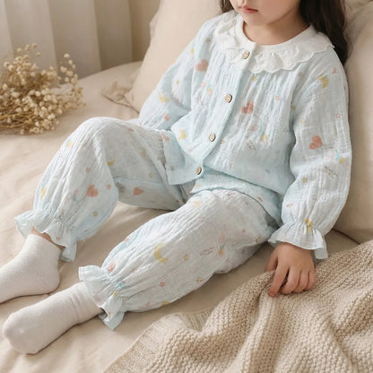 Summer Child Clothing Sets in Air-conditioned Room Girls Breathable Comfortable Long Sleeve Lace Home Clothes Sets Kids Pajamas