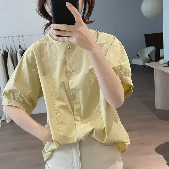 Women Round Neck Blouse Short Sleeve Button Down Loose Casual Solid Color Summer Shirt