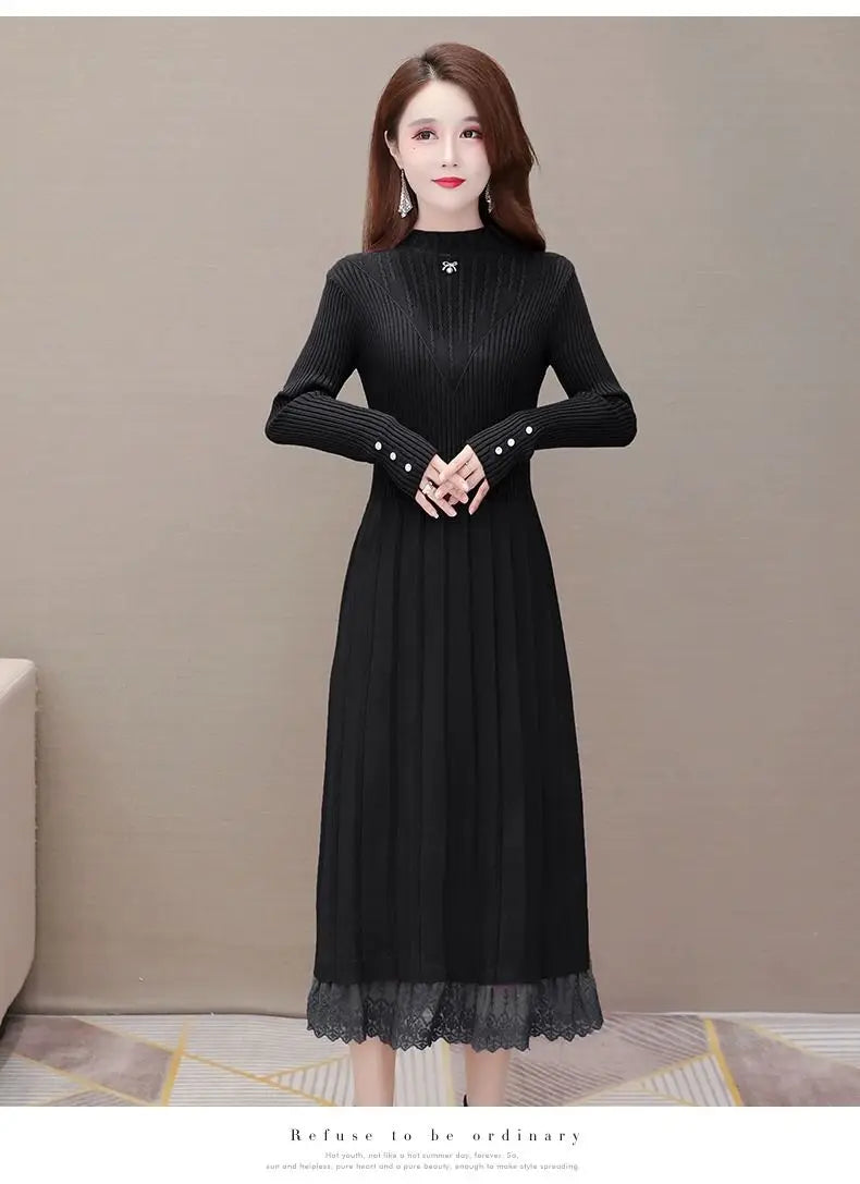 Elegant Fashion Women Dresses With Lace Trim And Knit Design For Autumn Winter