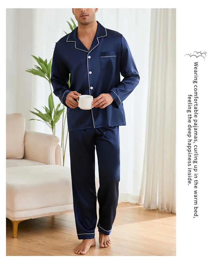 Men Sleepwear Satin Pajama Sets Long Sleeve Tops with Trousers Pajama Pj Sets Soft and Comfortable Autumn Pajamas Loungewear Set