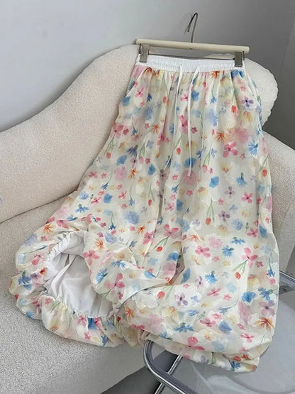 Summer French Style Floral Palazzo Pants Women High Waist Loose Boho Print Wide Leg Trousers with Drapery Comfortable &amp; Elegant