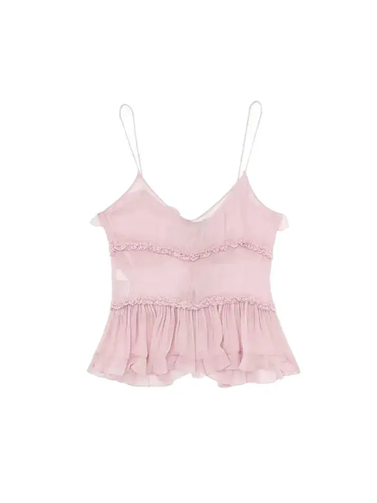 Women Fashion With Ruffled Front Tied Semi-sheer Tank Tops Sexy Backless Thin Straps Female Camis Mujer