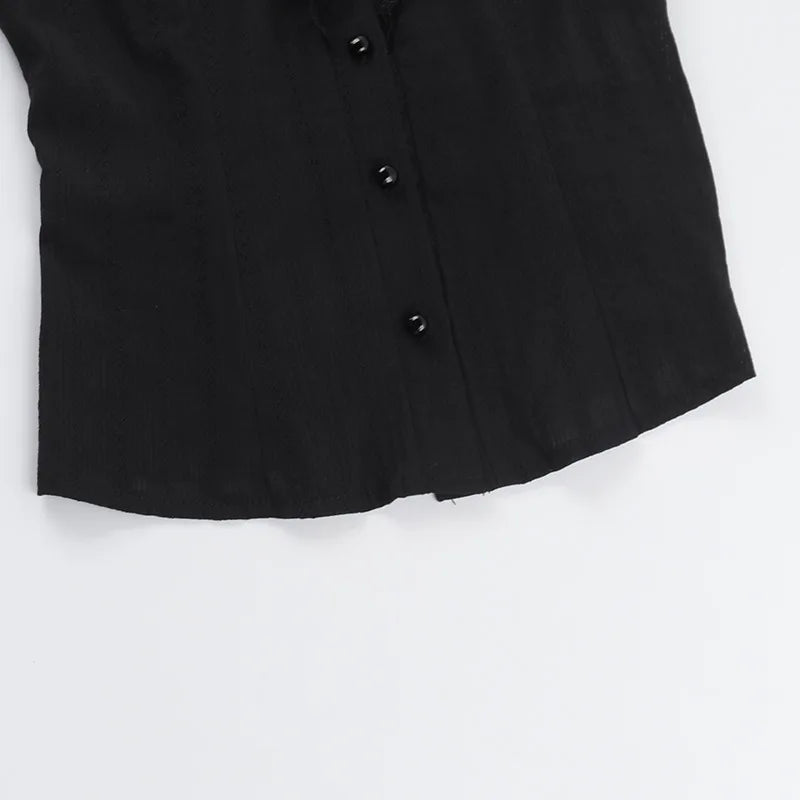 Sweet Lolita Cotton Shirts Women Vintage Gothic Black White Jacquard Short Sleeve Blouses Elegant Office Lady Y2k Tops