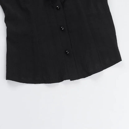 Sweet Lolita Cotton Shirts Women Vintage Gothic Black White Jacquard Short Sleeve Blouses Elegant Office Lady Y2k Tops