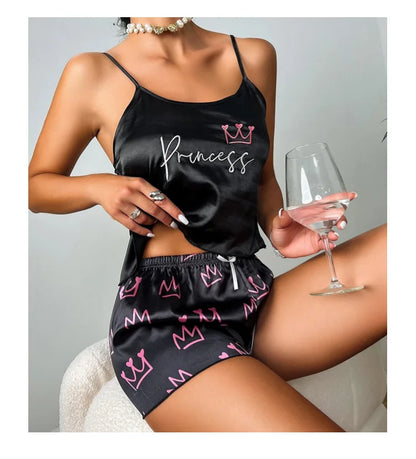 Pajamas Womens Sexy Lingerie Satin Sleepwear Silk Cami Shorts Set Soft Sleep Pjs 2 Piece Nightwear Print Pajamas Mujer Homewear