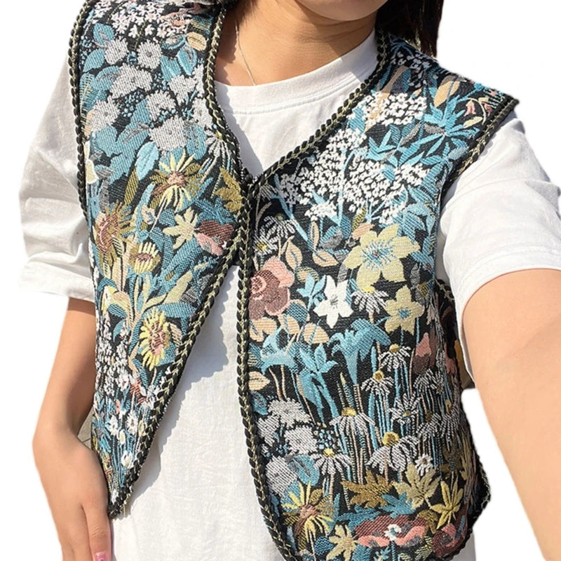 Vintage Floral Embroidery Printed Cardigan Vest Womens Elegant Sleeveless Tops Spring Summer Female Clothing Dropshipping