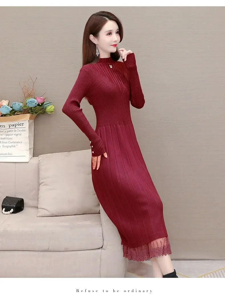 Elegant Fashion Women Dresses With Lace Trim And Knit Design For Autumn Winter