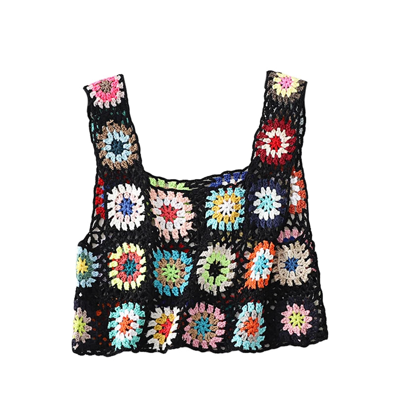 Women´s Summer Sleeveless Tops Colorful Hand Crochet Embroidery Openwork Knit Tank Tops