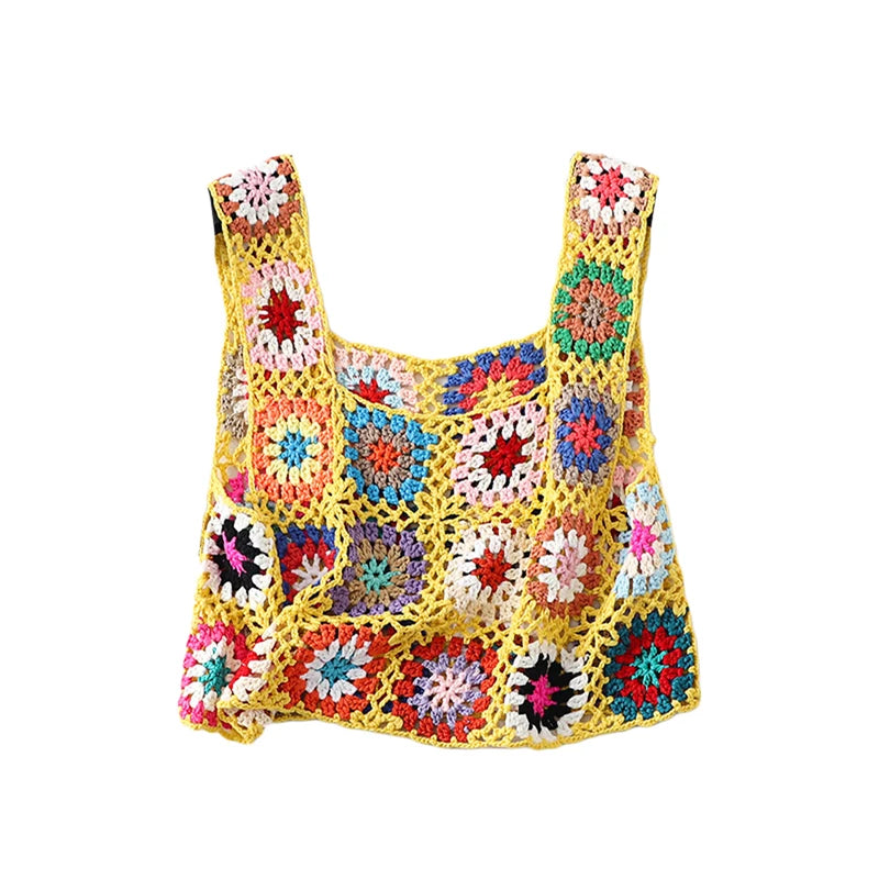 Women´s Summer Sleeveless Tops Colorful Hand Crochet Embroidery Openwork Knit Tank Tops