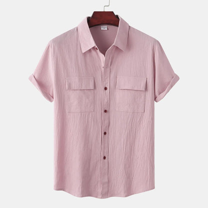 Turn Down Collar Men Shirts Solid Short Sleeve Shirts Single Breasted Casual Shirt Buttons Cardigan Sports Loose Breathable