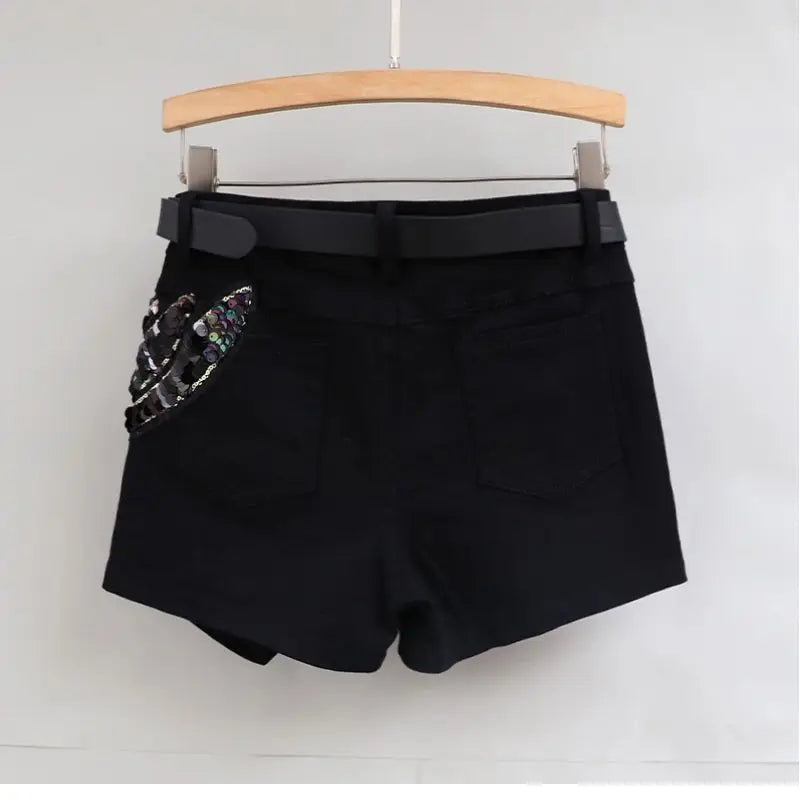 Fashion Sequin Denim Short Skirt Women Spring/Summer 2025 New Korean High Waist Slim Irregular Sexy Hot Pants White Black Casual