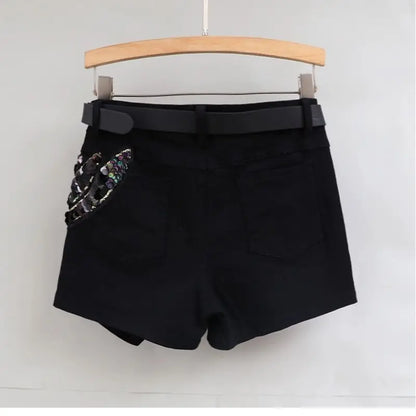 Fashion Sequin Denim Short Skirt Women Spring/Summer 2025 New Korean High Waist Slim Irregular Sexy Hot Pants White Black Casual