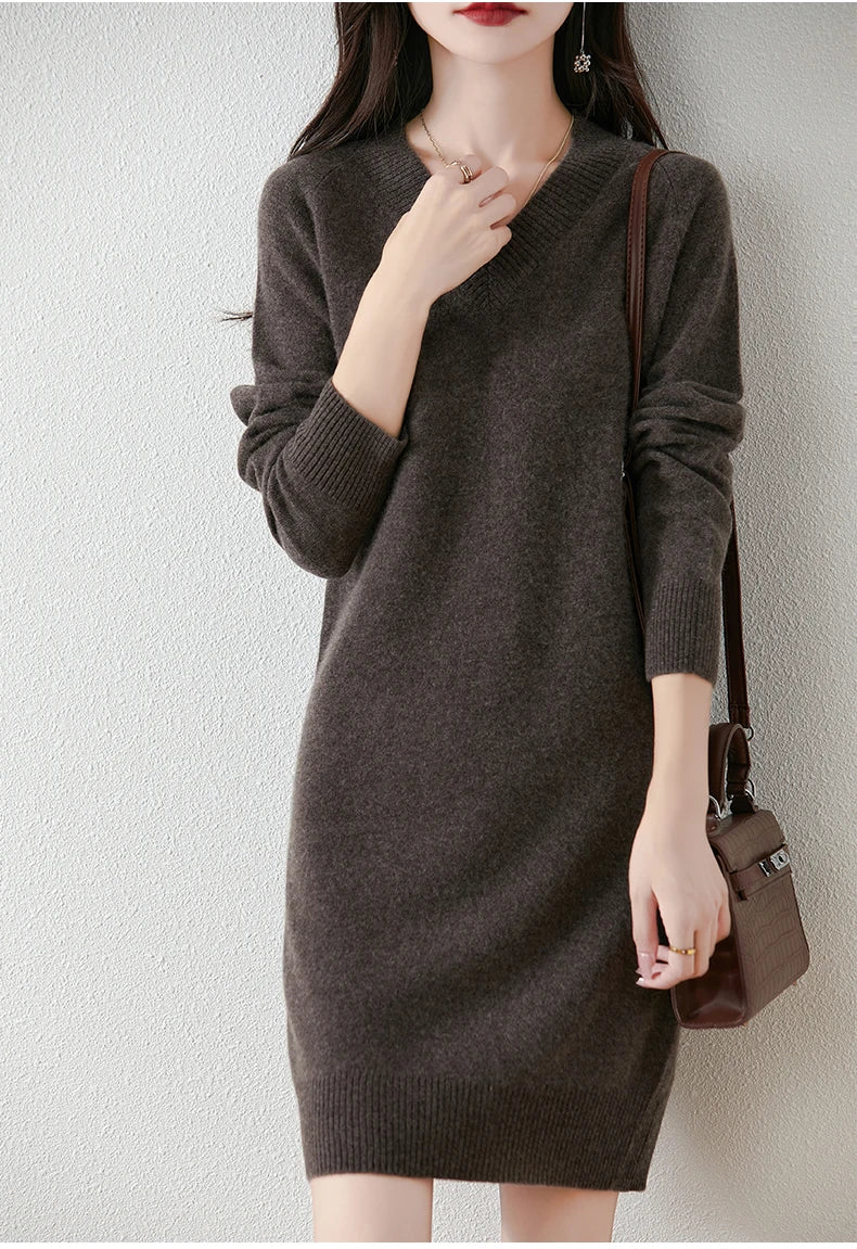Fashion Autumn Winter Dress Women100%Merino Wool V-neck Long-sleeved Dress Women&