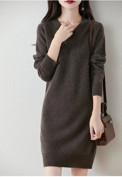 Fashion Autumn Winter Dress Women100%Merino Wool V-neck Long-sleeved Dress Women&