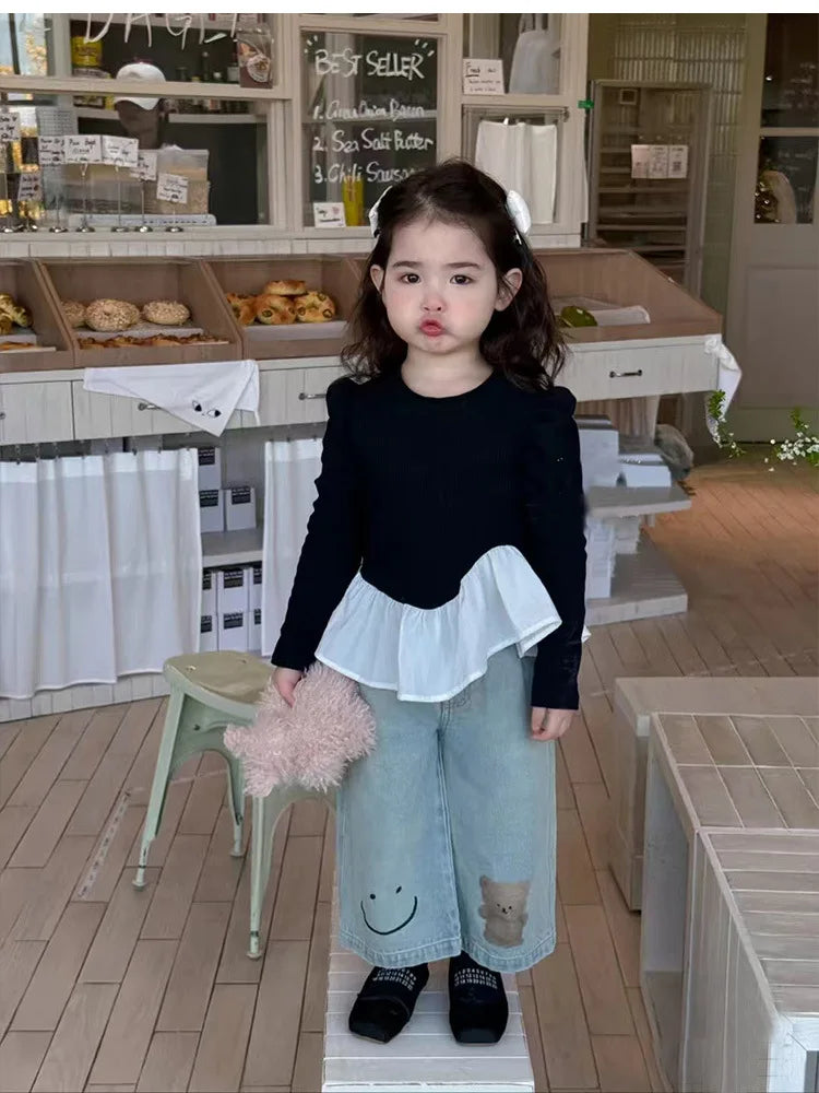 Korean Children Clothing 2025 Spring Clothing New Girls Splicing Long-sleeved T-shirt Top Girl Baby Ruffle Edge Bottoming Shirt