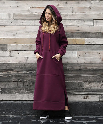 Hoodies Dress For Women Fashion 2025 Hem Lace-up Midi Robe Hooded Long Dress Autumn Winter Warm Casual Loose Sweatshirt Vestidos