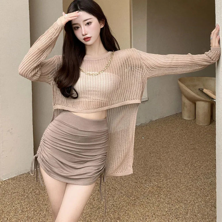 Sexy Women Summer Mini Skirts Drawstring High Waist Wrapped Hip Skirt Female Wild Solid Folds Slim Elastic Shorts Y2K Skirts