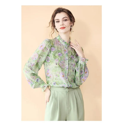 Fashion for Women Spring and Autumn New Korean Floral Tops French Fungus Collar Outer Shirts