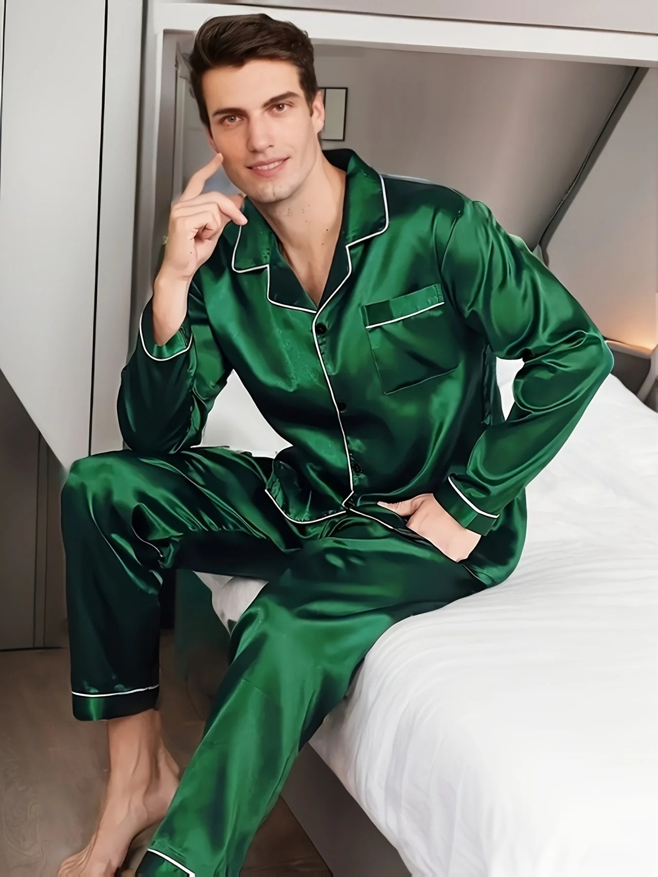 Men Pajama Sets Microfiber Sleepwear For Sleeping Man Shirt Satin Long Sleeve Pyjama Male Home Night Wear Plus Size Loungewear
