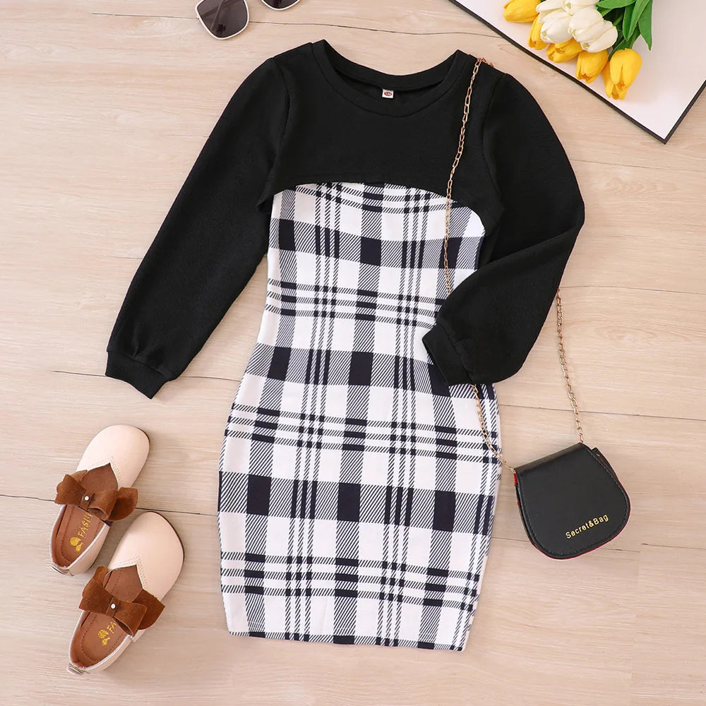 Kids Casual Clothing Sets Outfits for Girls 2024 Autumn Children Fashion Long Sleeve Short Tops Plaid Cami Bodycon Dress 5-14Y