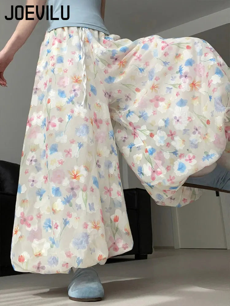 Summer French Style Floral Palazzo Pants Women High Waist Loose Boho Print Wide Leg Trousers with Drapery Comfortable &amp; Elegant