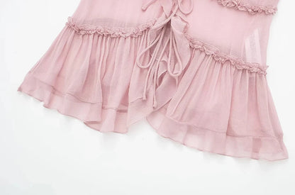 Women Fashion With Ruffled Front Tied Semi-sheer Tank Tops Sexy Backless Thin Straps Female Camis Mujer