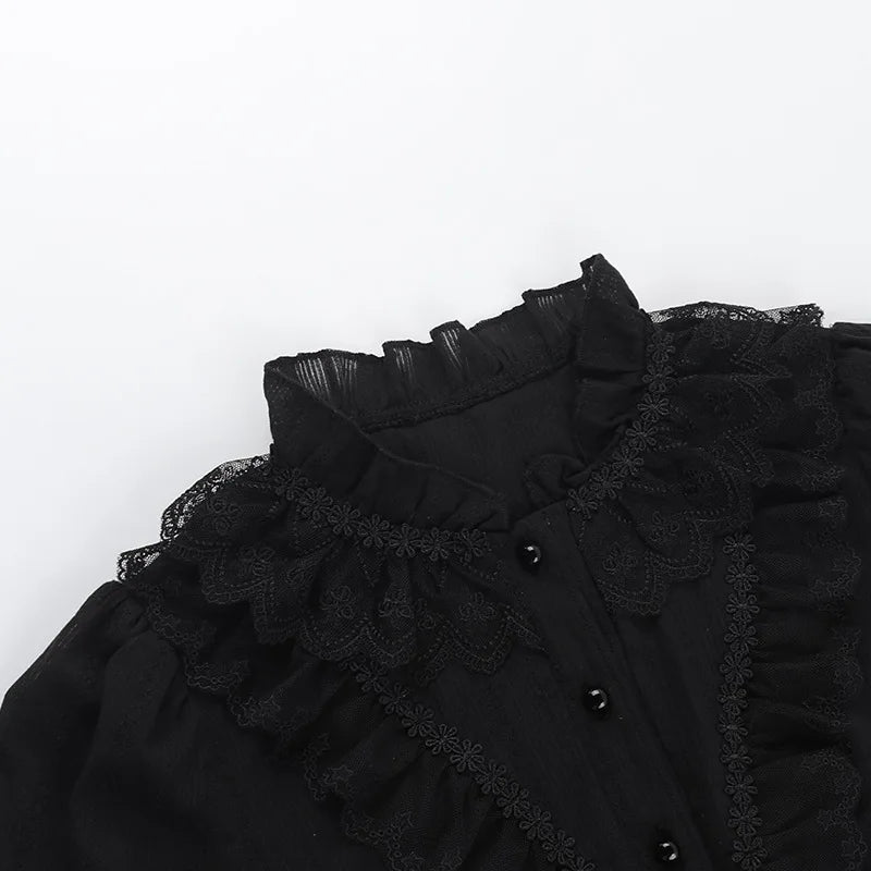 Sweet Lolita Cotton Shirts Women Vintage Gothic Black White Jacquard Short Sleeve Blouses Elegant Office Lady Y2k Tops