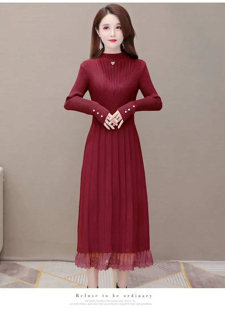 Elegant Fashion Women Dresses With Lace Trim And Knit Design For Autumn Winter