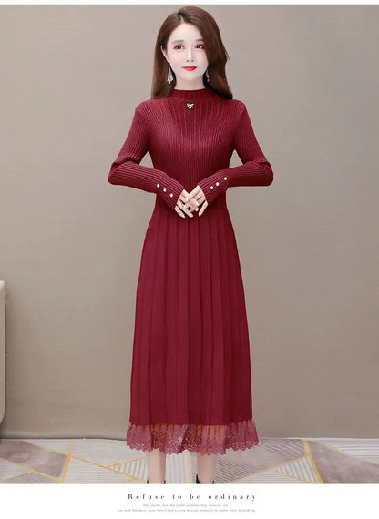 Elegant Fashion Women Dresses With Lace Trim And Knit Design For Autumn Winter