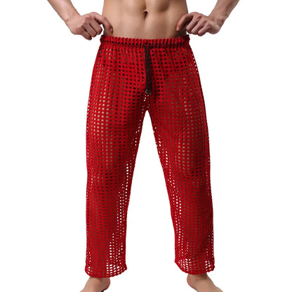 Mens Pajamas Sexy Mesh See Through Long Pants Sleepwear Fishnet Hollow Out Fitness Trousers Sleep Bottoms Sexy Underwear